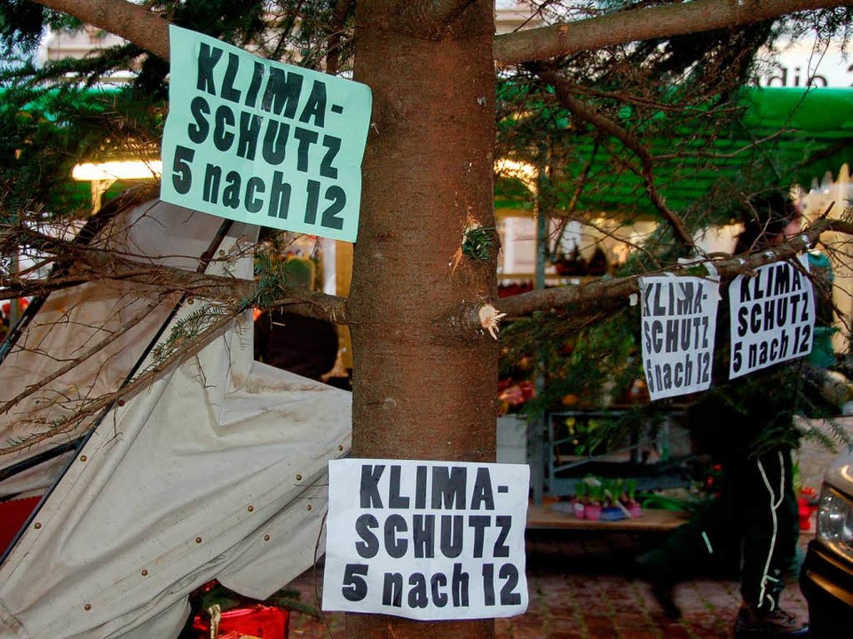 Am Schluss wurden einige der Plakate a...chtsbaum auf dem Marktplatz befestigt.  | Foto: Sylvia Timm