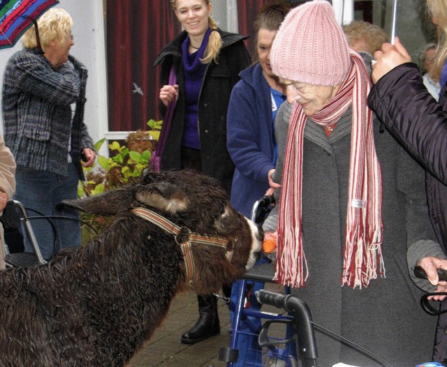 Die 99-jhrige Dora Schoeps (rechts) h...#8222;Der Esel kommt zum Esel.&#8220;   | Foto: Ingrid Arndt