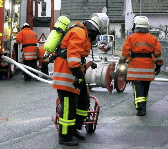 Die Ringsheimer Feuerwehrmnner bei einer bung im Herbst.   | Foto: Adelbert Mutz