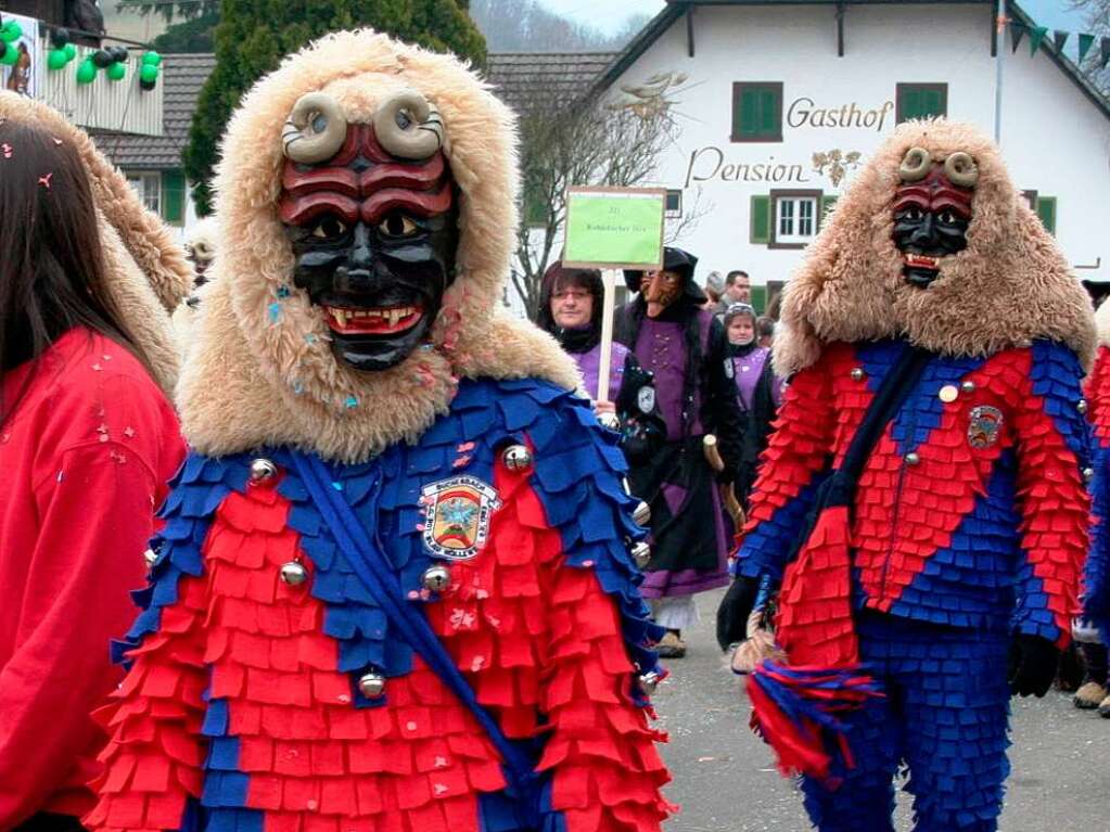 Narrengilde Rot-Blau Hllental. Fast 50 Gastznfte kamen zum Jubilumsumzug der Hohwaldgeischter nach Simonswald.