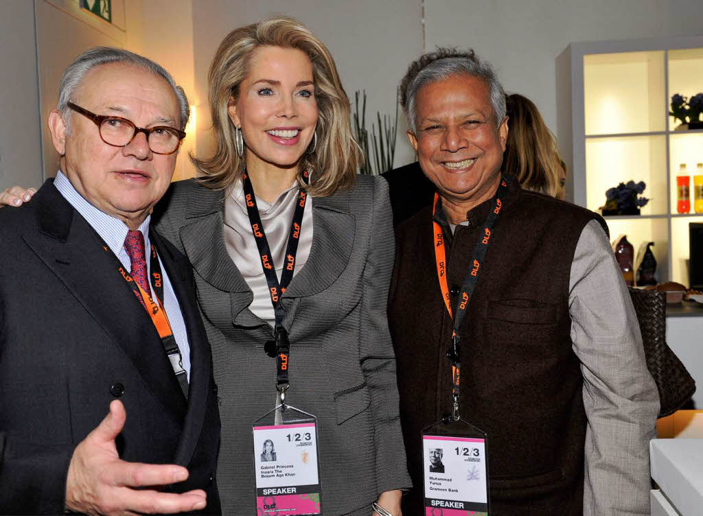 Hubert Burda mit  Begum Gabriele Inaara Aga Khan und  Friedesnobelpreistrger Muhammad Yunus  im Rahmen der Innovationsmessse Digital - Life - Design (DLD) in Mnchen (Oberbayern).