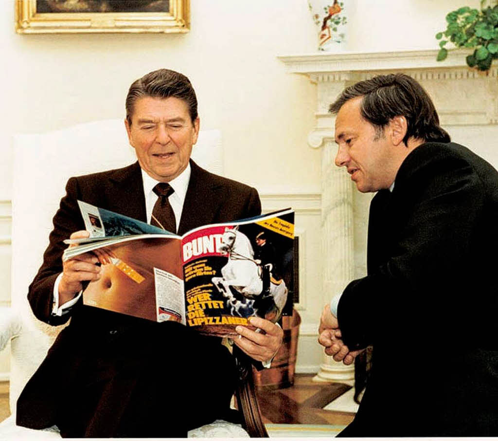 Hubert Burda 1983 mit dem amerikanischen   Prsidenten Ronald Reagan.