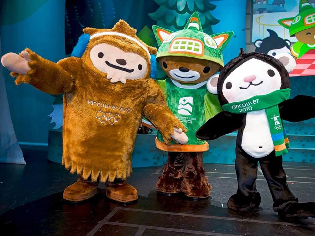 Das sind die Maskottchen der Winterspiele: Quatchi, Sumi und Miga (von links).  | Foto: dpa