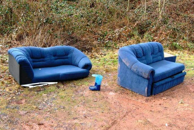 Blaue Couch am Waldrand