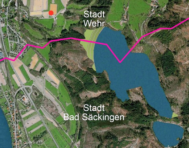 Das  geplante Haselbecken  oberhalb  Bad  Sckingens aus der  Vogelperspektive.   | Foto: bz