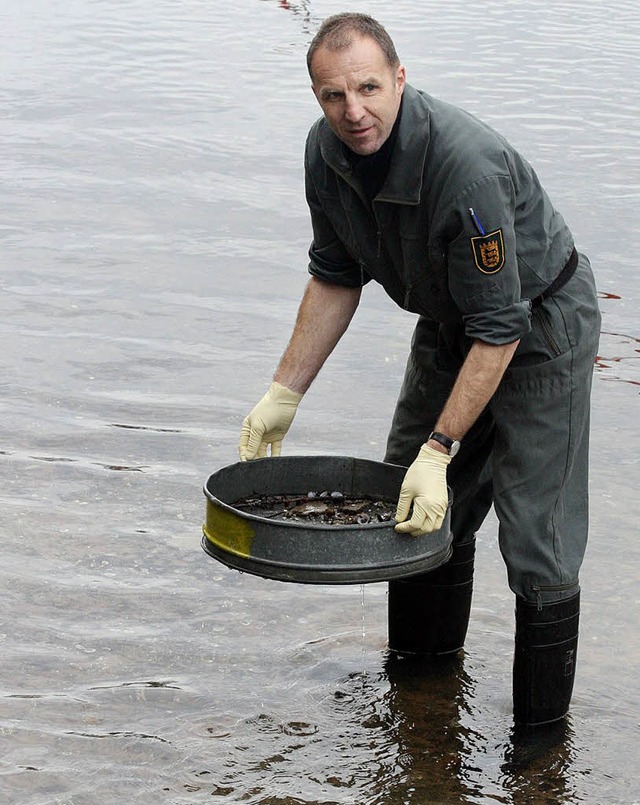 Kleinarbeit: Mit einem Sieb untersucht...chers nochmals das Flussbett der  Elz.  | Foto: Polizei