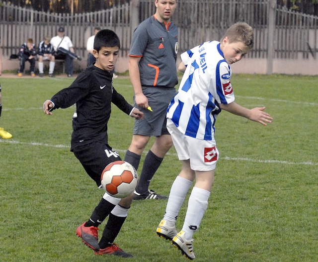 Die U-14-Junioren des SV Weil (li.) ha...sie gegen den Offenburger FV mit 0:7.   | Foto: kaufhold