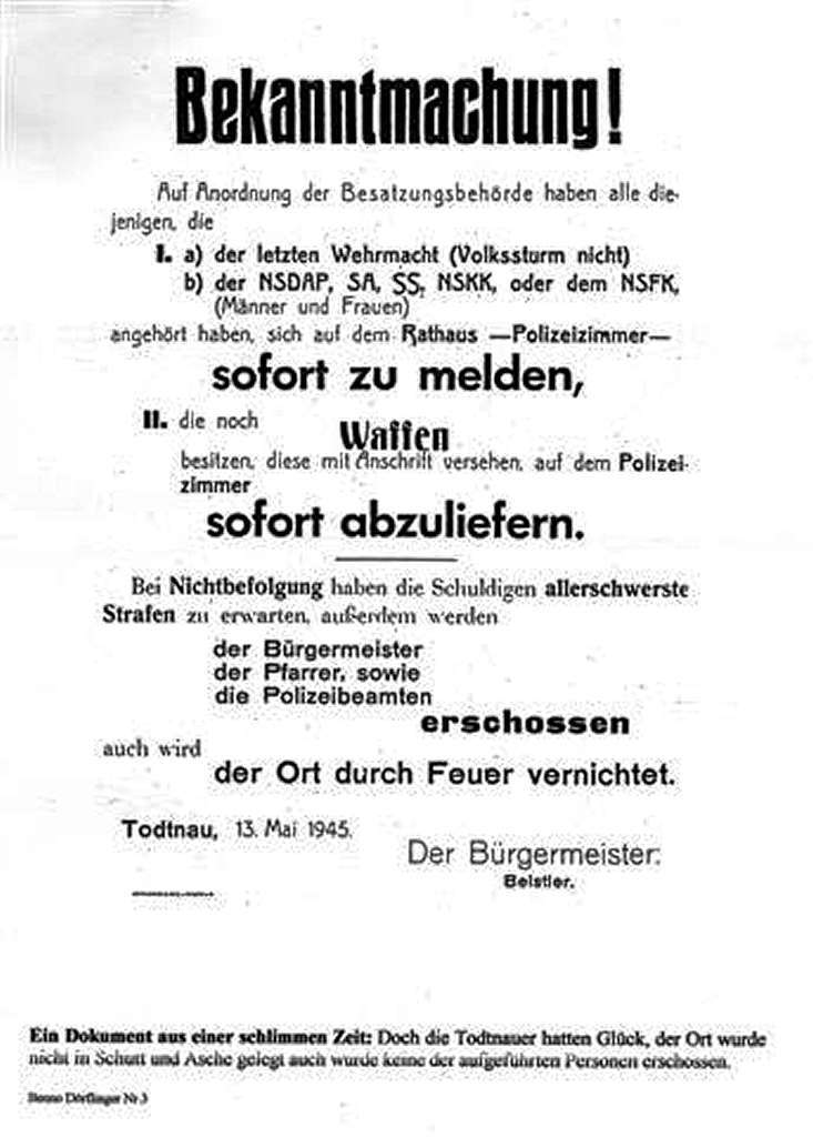 Ein Dokument aus Todtnau vom Beginn der Besatzung.