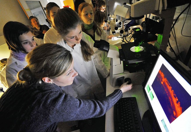 Technikerin Sandra Ernst beim Mikroskopieren mit den Schlerinnen   | Foto: Michael Bamberger
