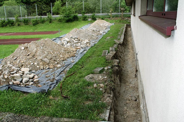 Die Sanierungsarbeiten haben  begonnen...halle in flingen ein Graben gezogen.   | Foto: Jrn Kerckhoff