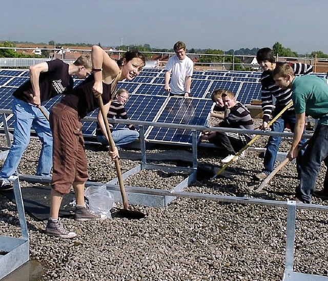 Die Schlerinnen und Schler der Solar...e Module fr die Photovoltaik-Anlage.   | Foto: Privat