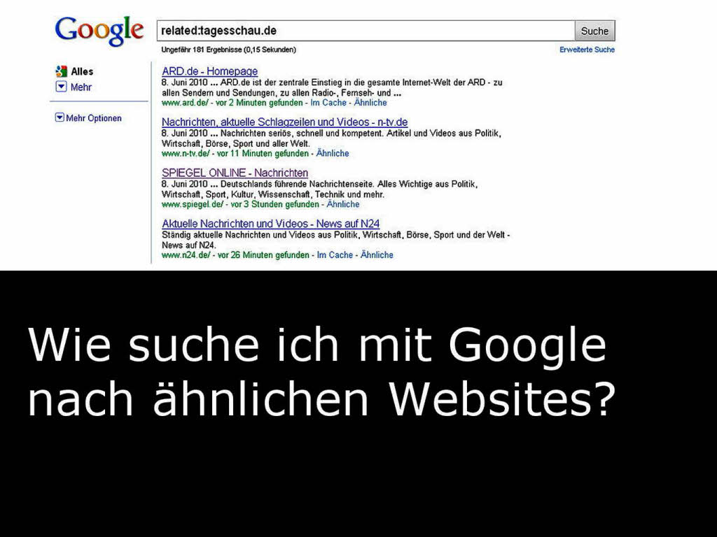 Will man nach themenverwandten Websites suchen, gibt man „related:“ ein, wie etwa bei „related:badische-zeitung.de“ fr noch mehr Nachrichten aus der Region.