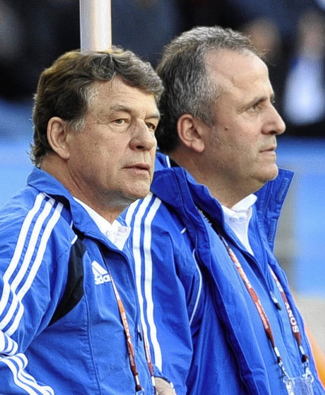 Ratlos? Griechenlands Trainer Otto Reh... seinem Co-Trainer Ioannis Topalidis.   | Foto: afp