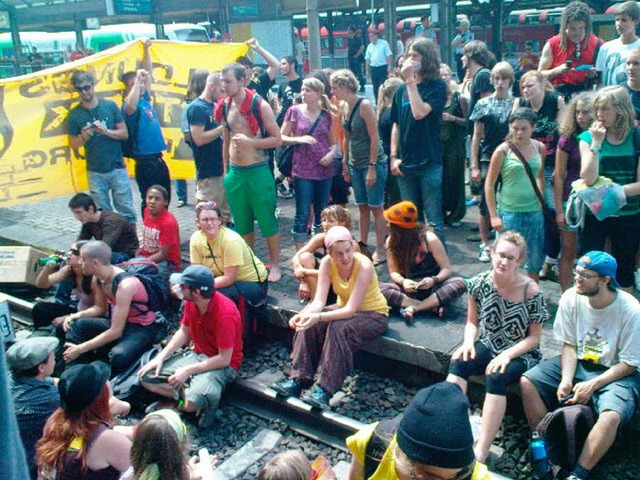 Fr mehr Bildung auf die Bahngleise: Demonstranten im Freiburger Hauptbahnhof.  | Foto: privat