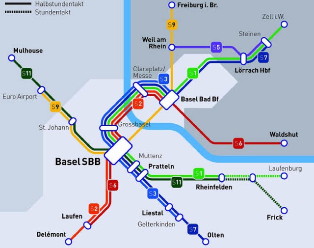 Basler Entwurf zum S-Bahn-Netz mit Her... <BZ-FotoNurRepro>BZ</BZ-FotoNurRepro>  | Foto: Kanton Basel Stadt