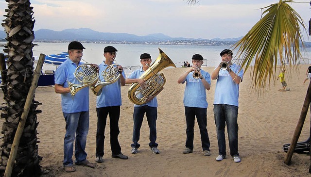 Die Brass 5 Musiker in Aktion am Stran...sler, Horn und Walter Willaredt, Tuba.  | Foto: Privat
