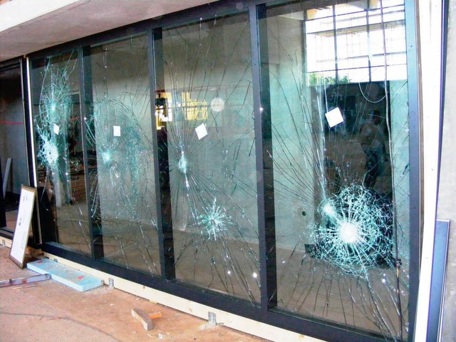 Die zerstrten Scheiben an der Halle.  | Foto: Polizei