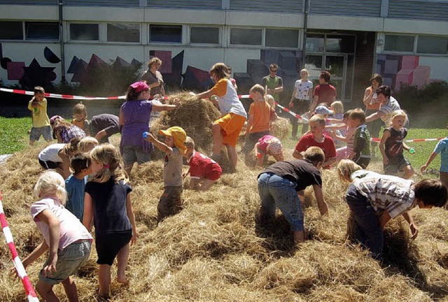 Zum Auftakt des Ferienprogramms kamen ...d suchten wie hier Blle im Heuhaufen.  | Foto: Privat