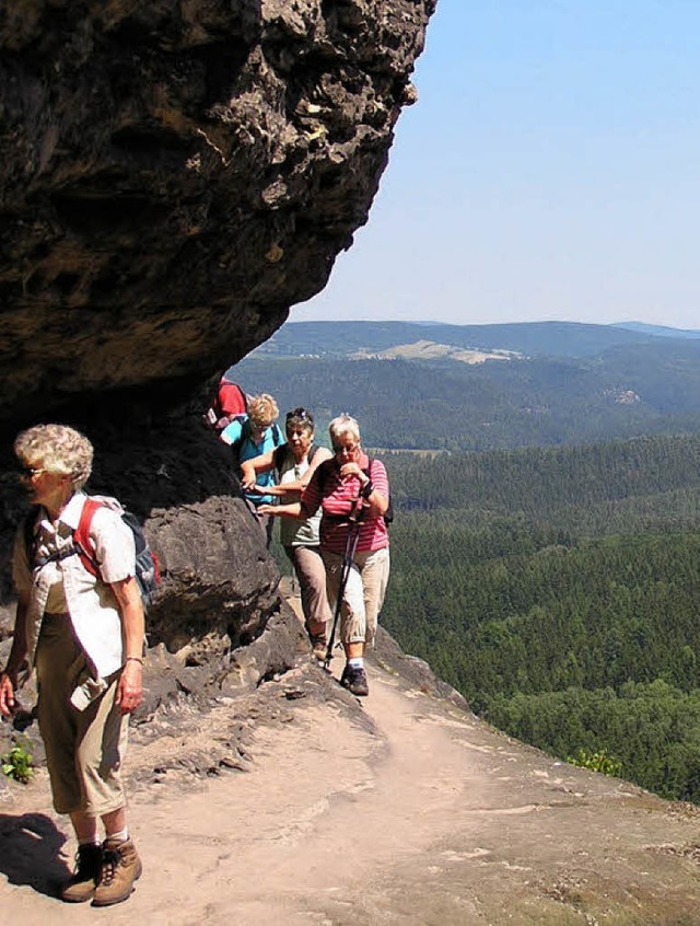 Schroffe Felsen umrundeten die Wanderer des Schwarzwaldvereins.  | Foto: Schleer