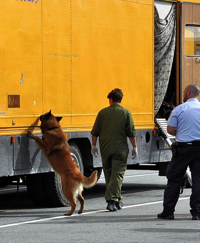 Schnffeln nach Drogen: Ein Polizeihun...n Wohnmobil an der Tamoil-Tankstelle.   | Foto: Agfo