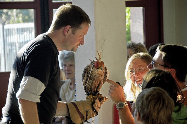 Axel Haas mit einem seiner Greifvgel, die sich auch streicheln lieen.   | Foto: Heidi Hofmann