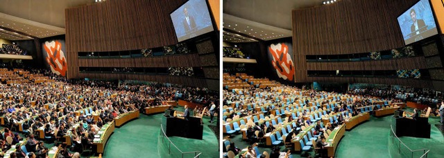 Vorher &#8211; nachher: Wegen Ahmadine...lassen zahlreiche Delegierte den Saal.  | Foto: dpa
