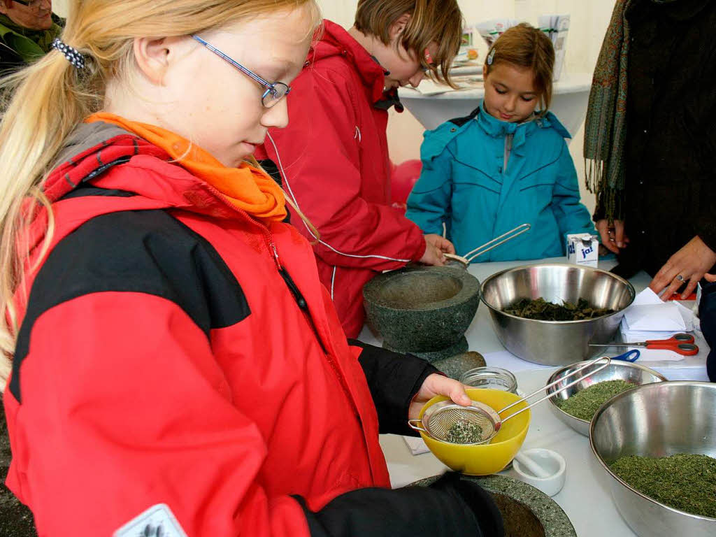 Kinder lernen, wie man Krutersalz selbst herstellt.