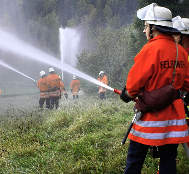 Mit Wasser aus vielen Strahlrohren wur...ellung benachbarte Huser geschtzt.    | Foto: Werner Probst