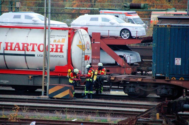 Die Feuerwehr musste den leck geschlagenen Kesselwagen bergen.  | Foto: senf