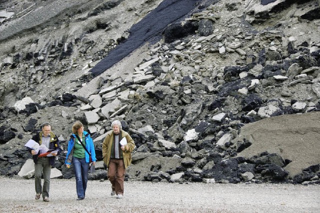 Josha Frey, Heike Hauk und Heiner Lohm...inks) am Rand der Asphaltbruchhalden.   | Foto: Ralf H. Dorweiler