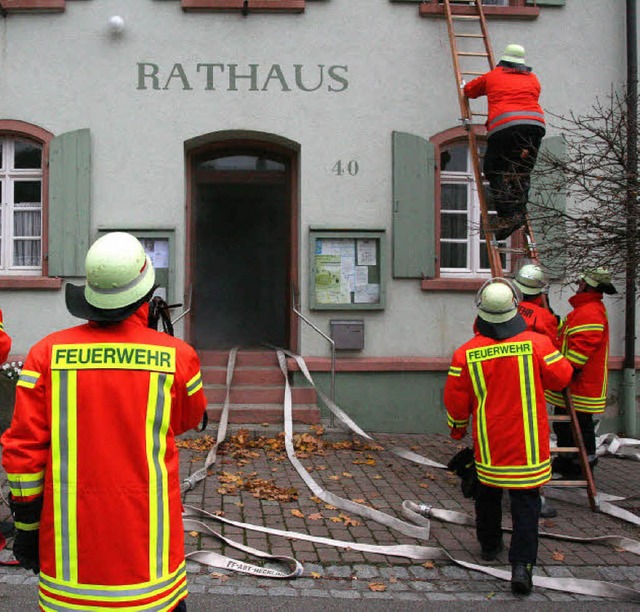 Ganz bewusst mit Steckleitern gearbeit...r Feuerwehr am Samstag in Hecklingen.   | Foto: Thilo Bergmann