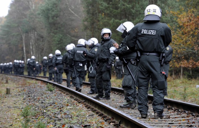 Polizeikrfte sichern in Leitstade bei...berg das Gleisbett gegen Castorgegner.  | Foto: dpa