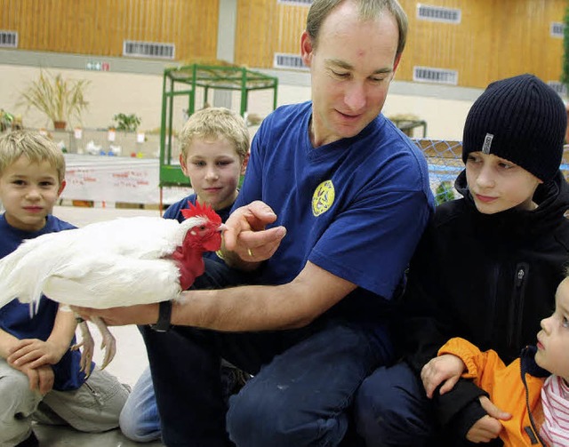 Vorsitzender Ralph Kaltenbach beeindruckte Kinder mit einem Zwergnackthalshahn.   | Foto: heidi fssel