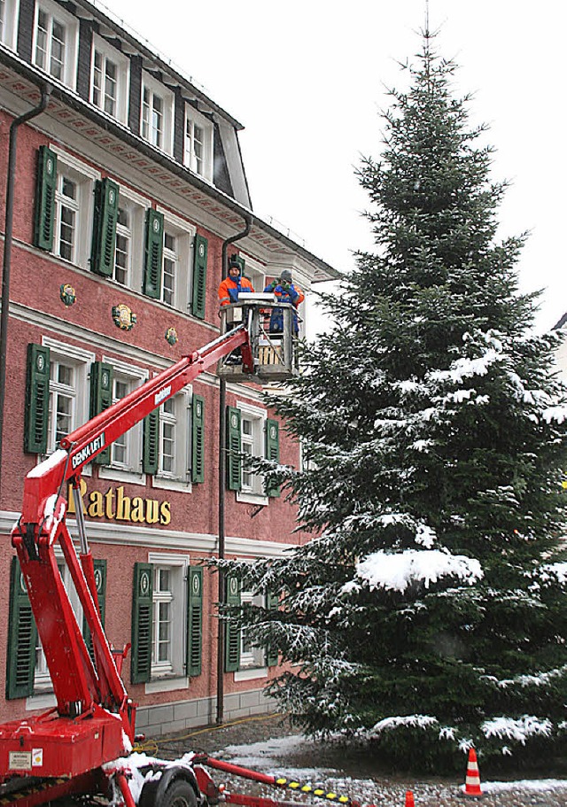 Bauhof stellt Weihnachtsbaum 2010 vor dem Rathaus auf  | Foto: Manfred-G. Haderer