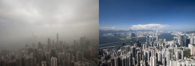 Folgen der Umweltverschmutzung: Das li...m Smog, das rechte bei Sonnenschein.    | Foto: DPA