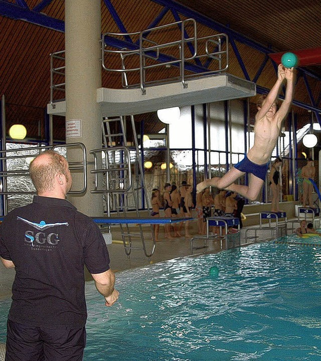 Vom Brett springen, Ball fangen und eintauchen   | Foto: Schwimmgemeinschaft