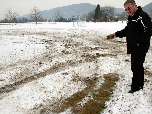 Emil Franz sieht sich die zerstrten S...es abgewetzten Rasens in der Hand an.   | Foto: Peter Gerigk