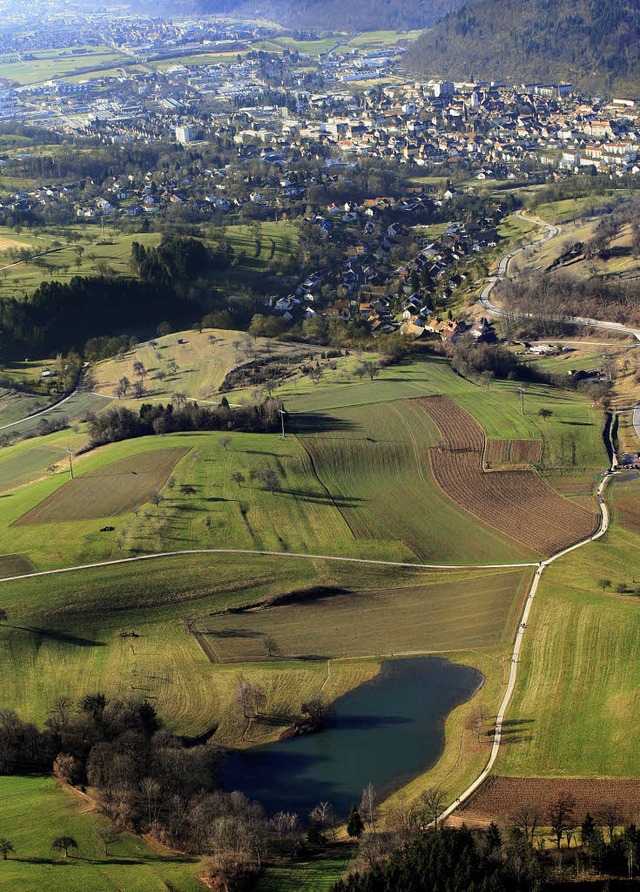 Der Eichener See im Vordergrund mit einem Blick ber Schopfheim ins Wiesental.   | Foto: Erich Meyer