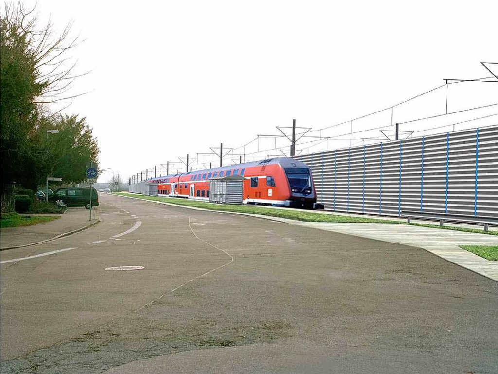Knftig: Haltepunkt Haltingen (Ostseite nach Sden) mit dem vor der Schallschutzwand rollenden Nahverkehr