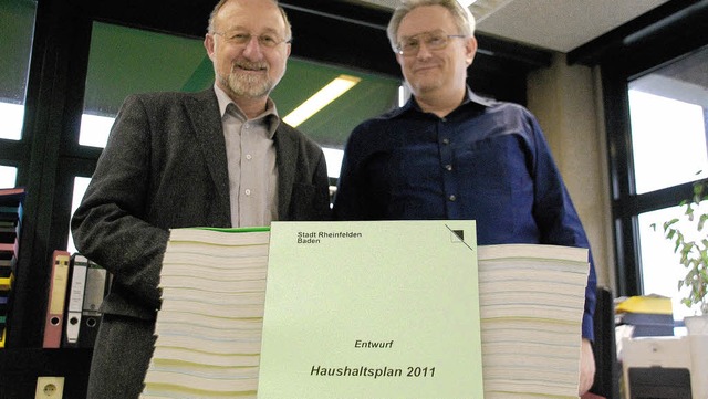 Kmmerer Dieter Krsch und sein Stellv...Dssel mit dem Entwurf des Haushalts.   | Foto: Ralf Staub