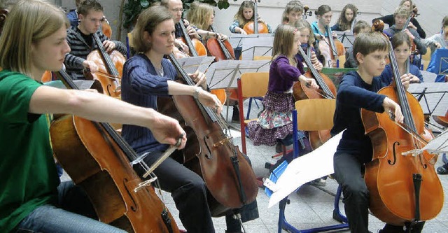 Insgesamt 100 Cellisten aller Altersstufe kamen im Lichthof zusammen   | Foto: Roswitha Frey