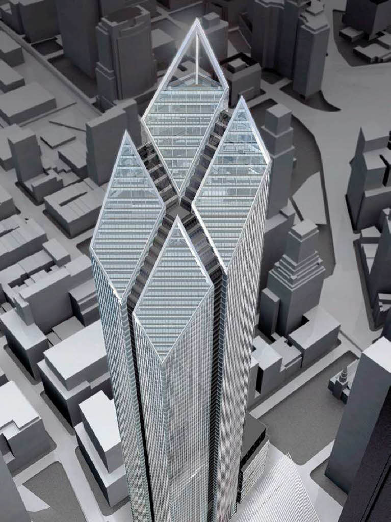 Die Illustration zeigt den vom Architektenbro Norman Foster entworfenen "Turm 2" oder auch WTC2, der einmal 387 Meter in den Himmel ragen soll