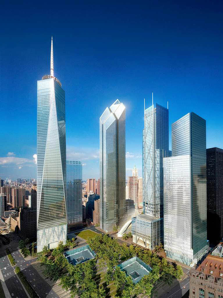 Die Illustration zeigt das geplante World Trade Center in New York mit dem  Entwurf des  Freedom Towers (links) mit Antenne und den anderen drei Wolkenkratzern, die auf Ground Zero gebaut werden sollen