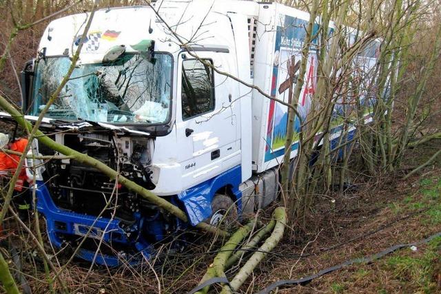 Fahrer schlft ein – 40-Tonner bleibt im Wald stecken