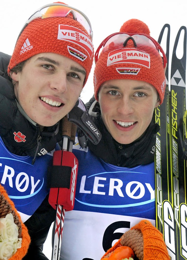 Johannes Rydzek (links) und Eric Frenz...s fr den DSV bei der Ski-WM in Oslo.   | Foto: DPA