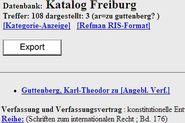 Guttenberg im Katalog der UB  | Foto: Screenshot: BZ