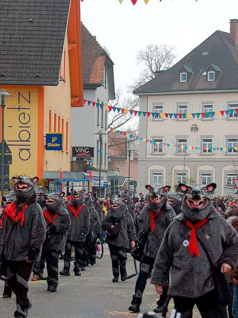 Kalt und sonnig war es am Sonntag beim Hhepunkt der Wehrer Fasnacht: Dem Umzug. Unzhlige Schaulustige sumten die Hauptstrae und bestaunten die 35 Fasnachtsgruppen.