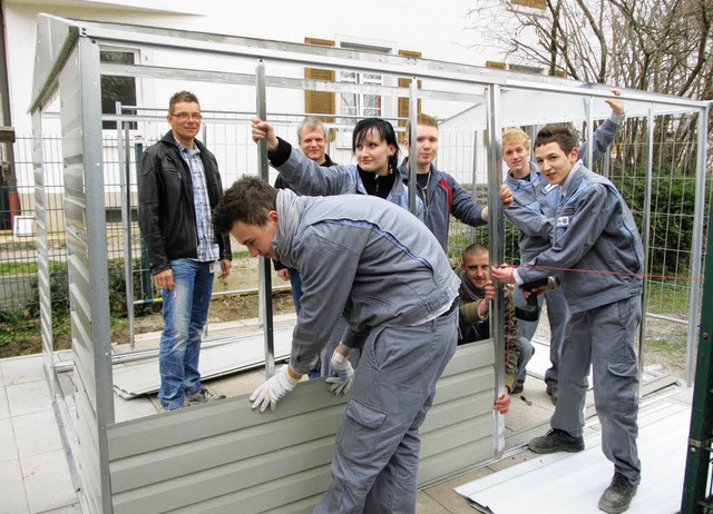 DSM-Azubis helfen beim Bau eines Gerteschuppens am Jugendhaus in Wyhlen.   | Foto: Albert Greiner