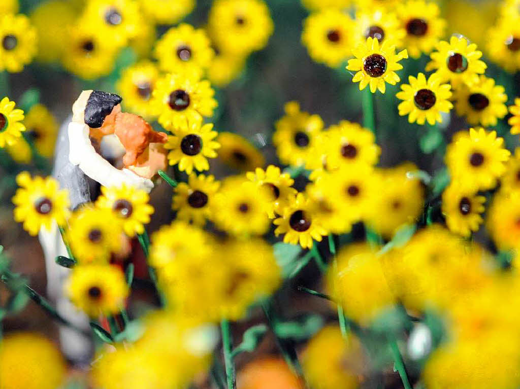 Ein Paar ksst sich im Sonnenblumenfeld. Dieses Bild stammt aus dem Idealland, das nach den Vorstellungen der Grnen-Partei gebaut wurde.