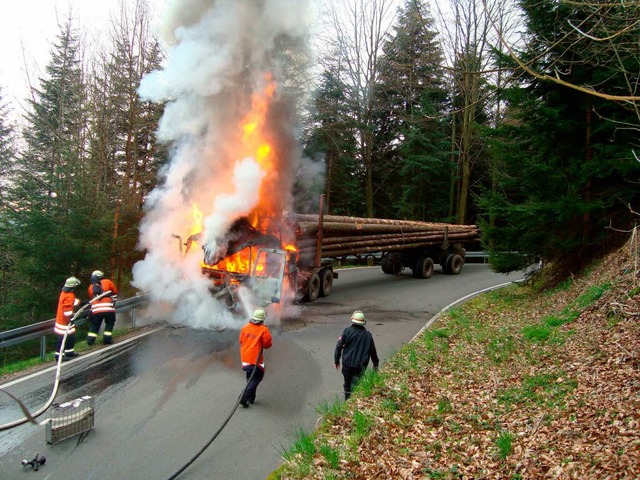 Die Feuerwehr lscht den  brennenden Holztransporter.  | Foto: polizei